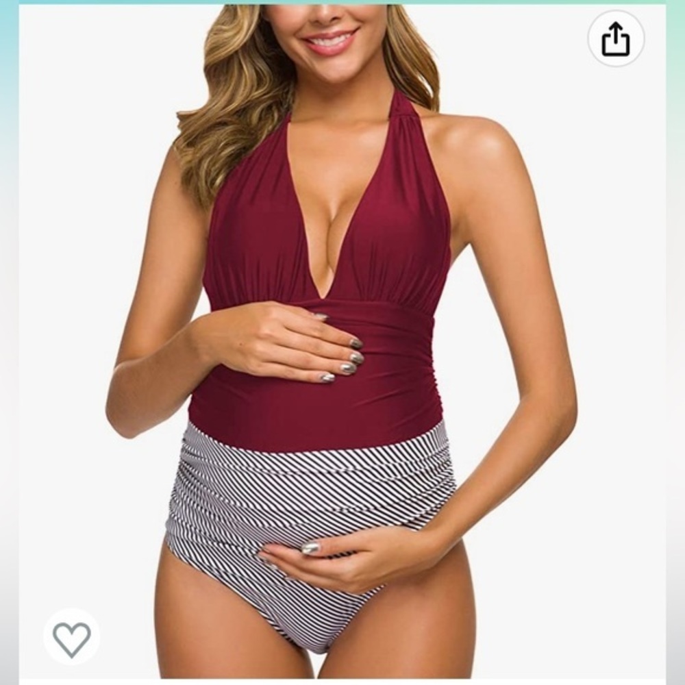 Women’s Ziola Red and Black Striped Maternity Swimsuit, Sz SMALL